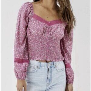 Pink cottage core corset-style blouse with puff sleeves